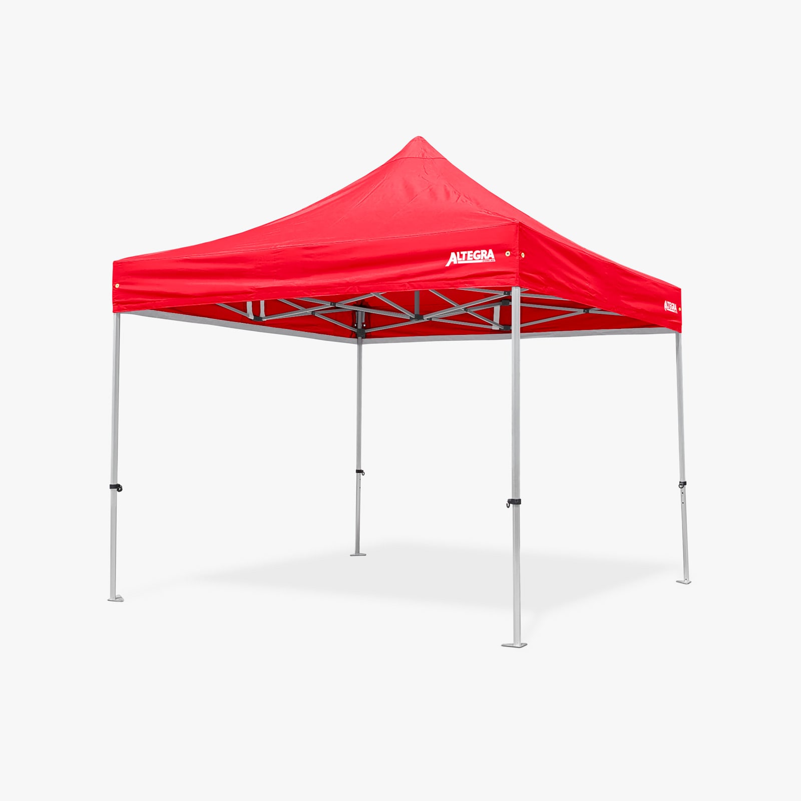 A red 3x3m Pro Lite lightweight aluminium commercial gazebo, featuring a peaked roof and a logo.