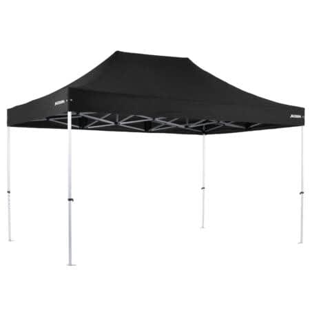 A black lightweight commercial aluminium gazebo with a peaked roof and silver legs. It features a logo on the side.