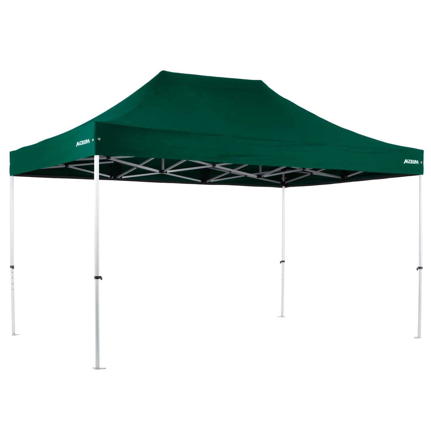 A green lightweight commercial aluminium gazebo with a peaked roof and silver frame, featuring a logo.