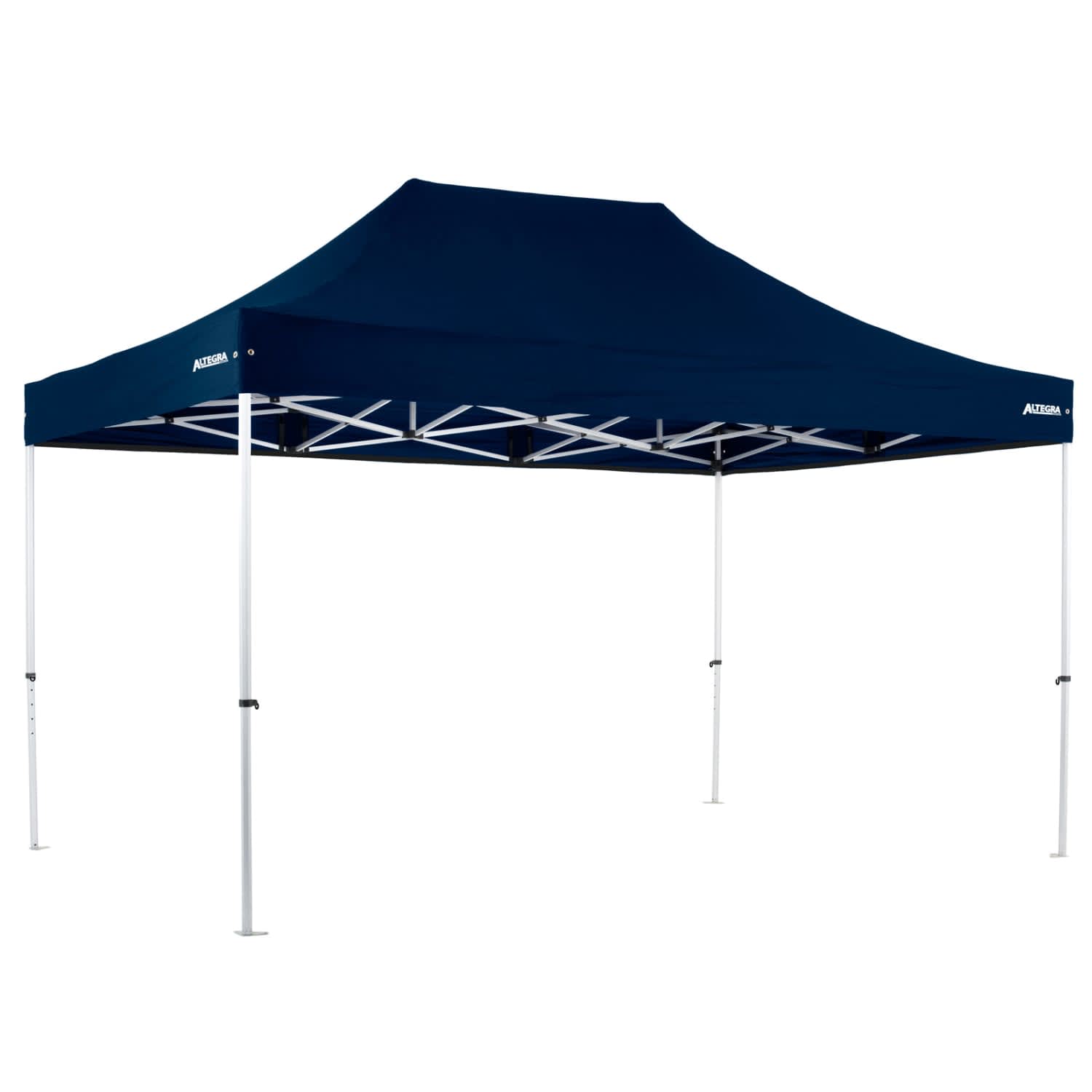 A navy blue commercial aluminium gazebo with a lightweight structure and white legs, featuring a logo on one side.