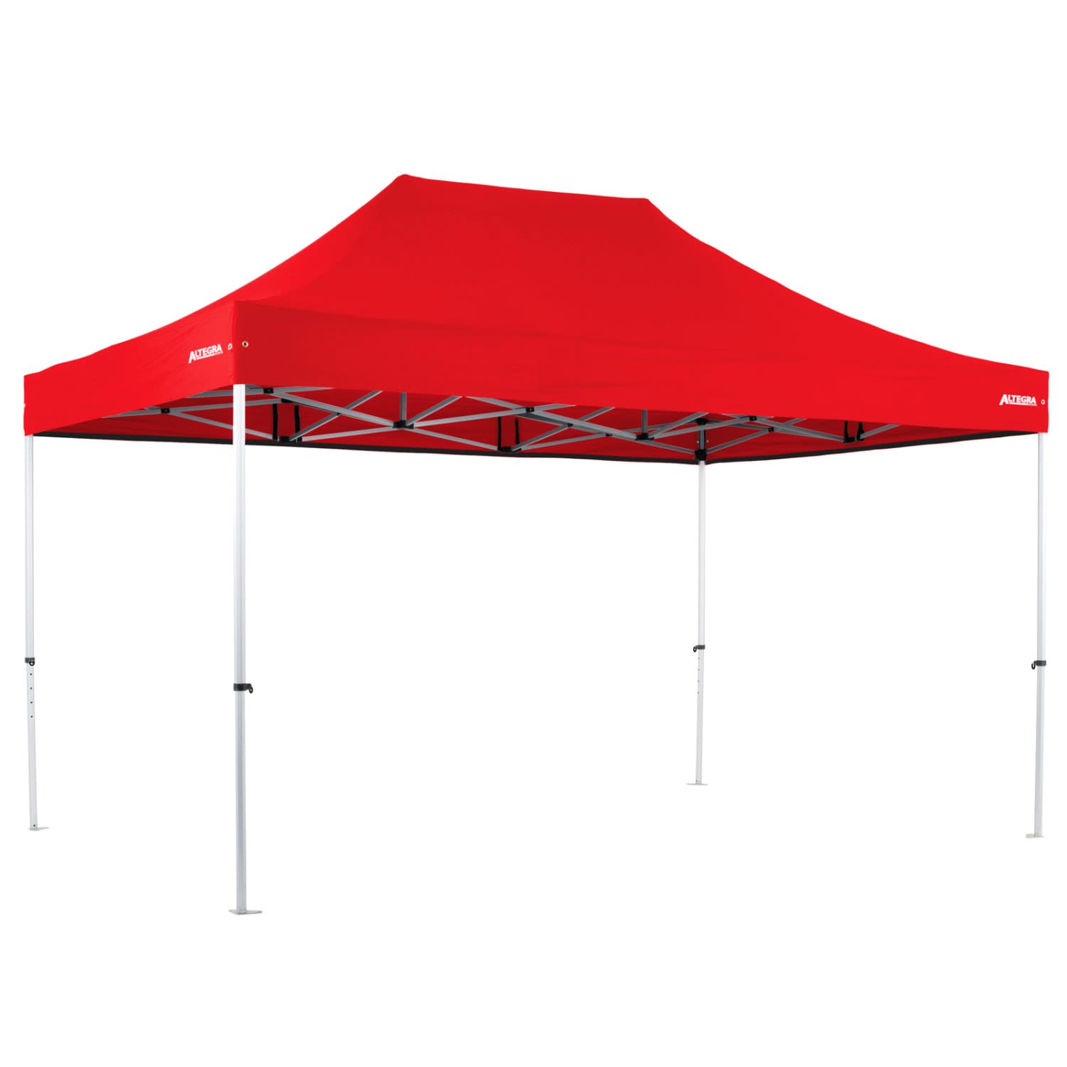 A red 3x4.5m Pro Lite lightweight commercial aluminium gazebo with a silver frame and a logo.