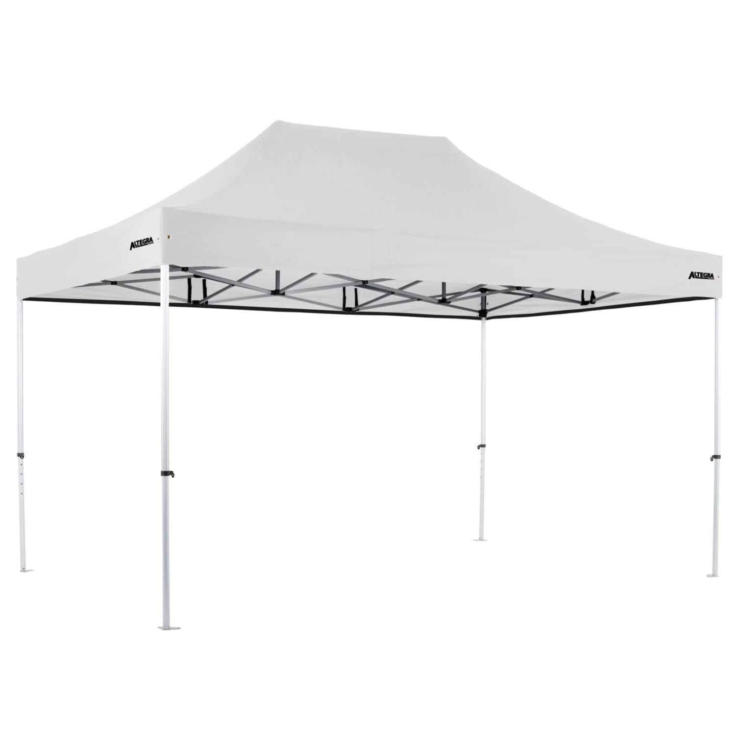 A white commercial aluminium gazebo with a triangular roof and adjustable legs, featuring a simple design.