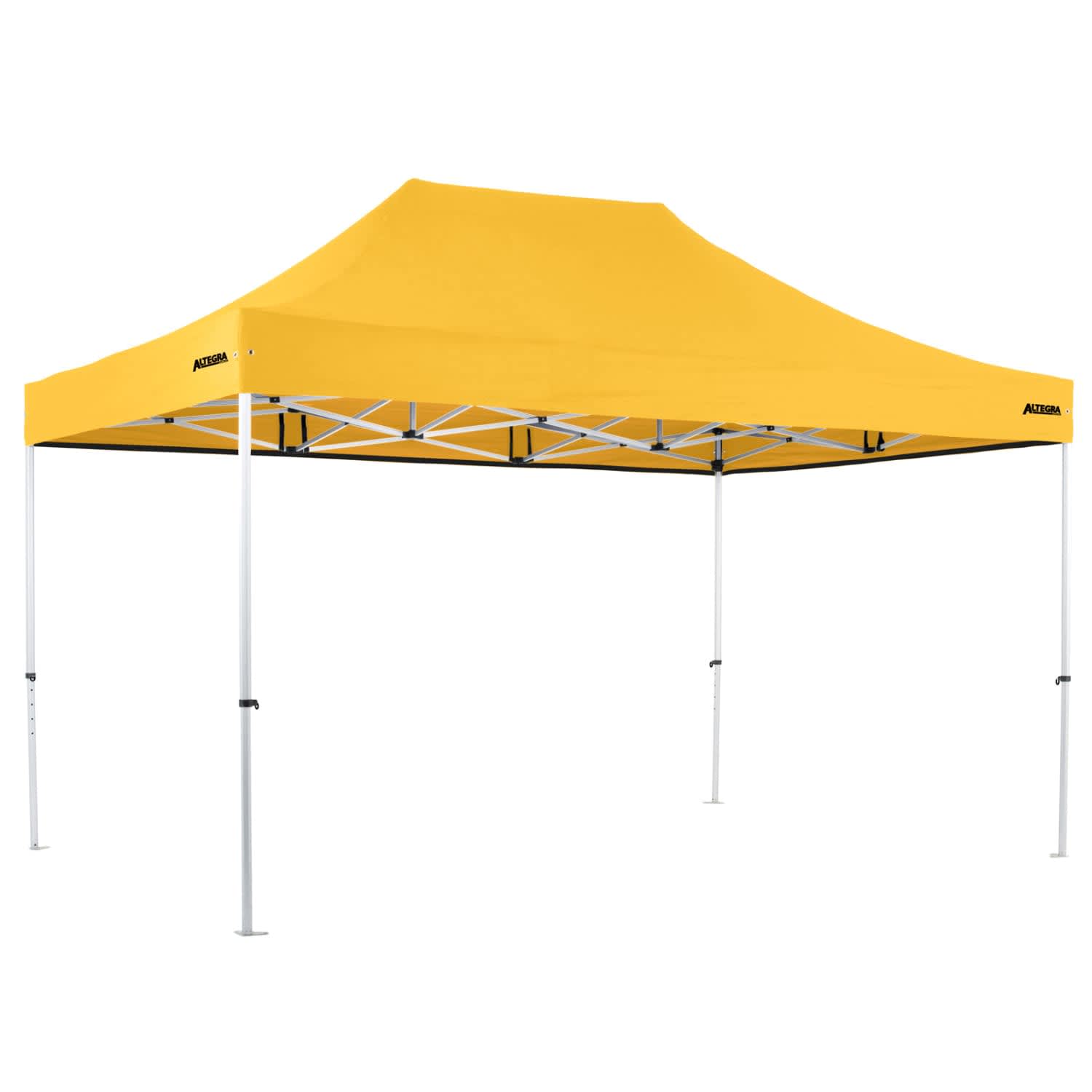 A yellow commercial aluminium gazebo with a peaked roof and a sturdy frame, featuring a logo.