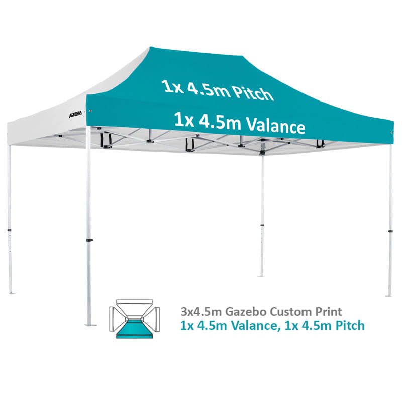 A 3x4.5m custom Pro Lite aluminium gazebo in white and teal, featuring a structured design and a valance.