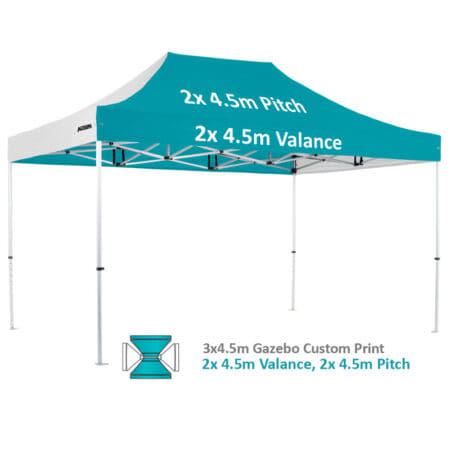 A lightweight aluminium gazebo in turquoise and white, featuring a custom print and two valances.