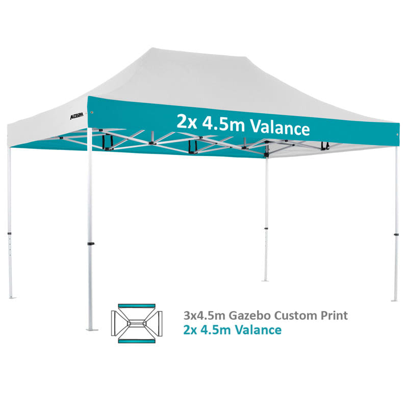 A white aluminium gazebo with a peaked roof, measuring 3x4.5m, featuring a printed valance and a logo.