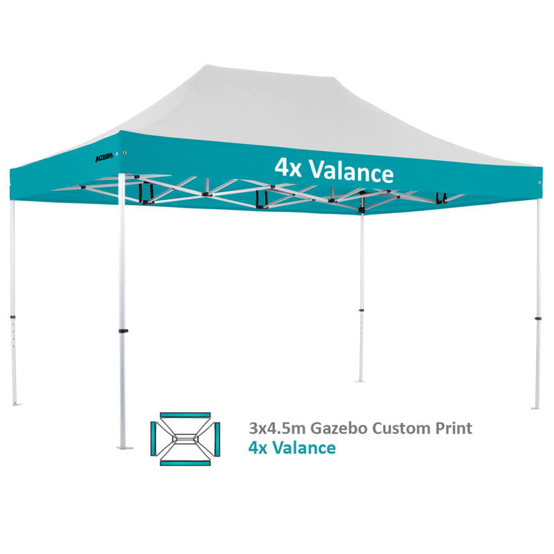 A teal and grey custom aluminium gazebo measuring 3x4.5m, featuring a peaked roof and four valances.