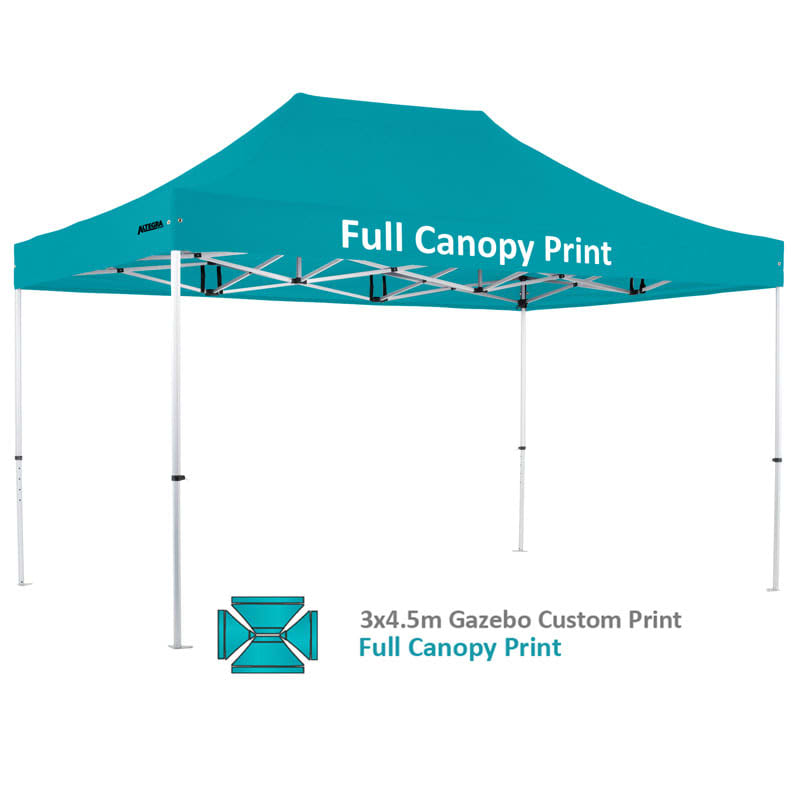 A teal-coloured custom printed gazebo with a full canopy, featuring an aluminium frame and four legs.
