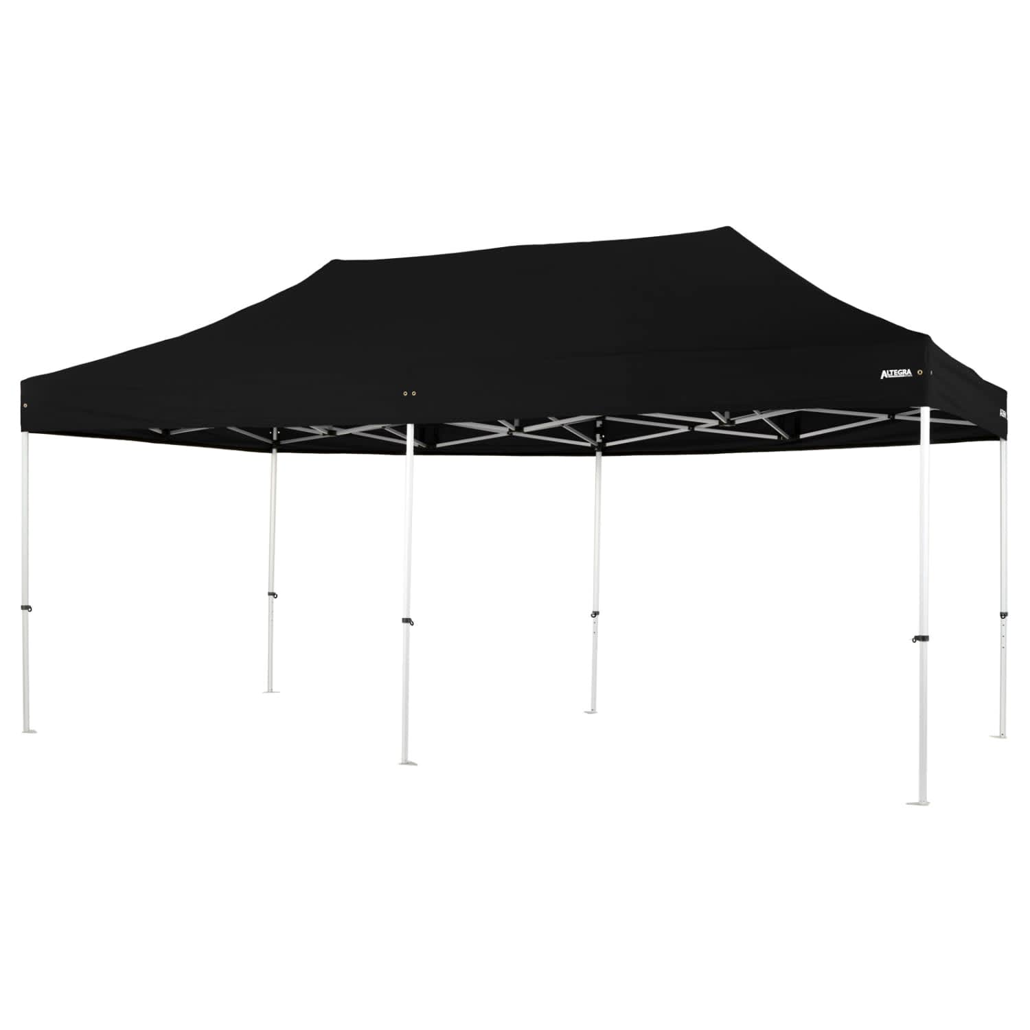 A black folding marquee with a lightweight aluminium frame and a peaked roof, featuring a logo.