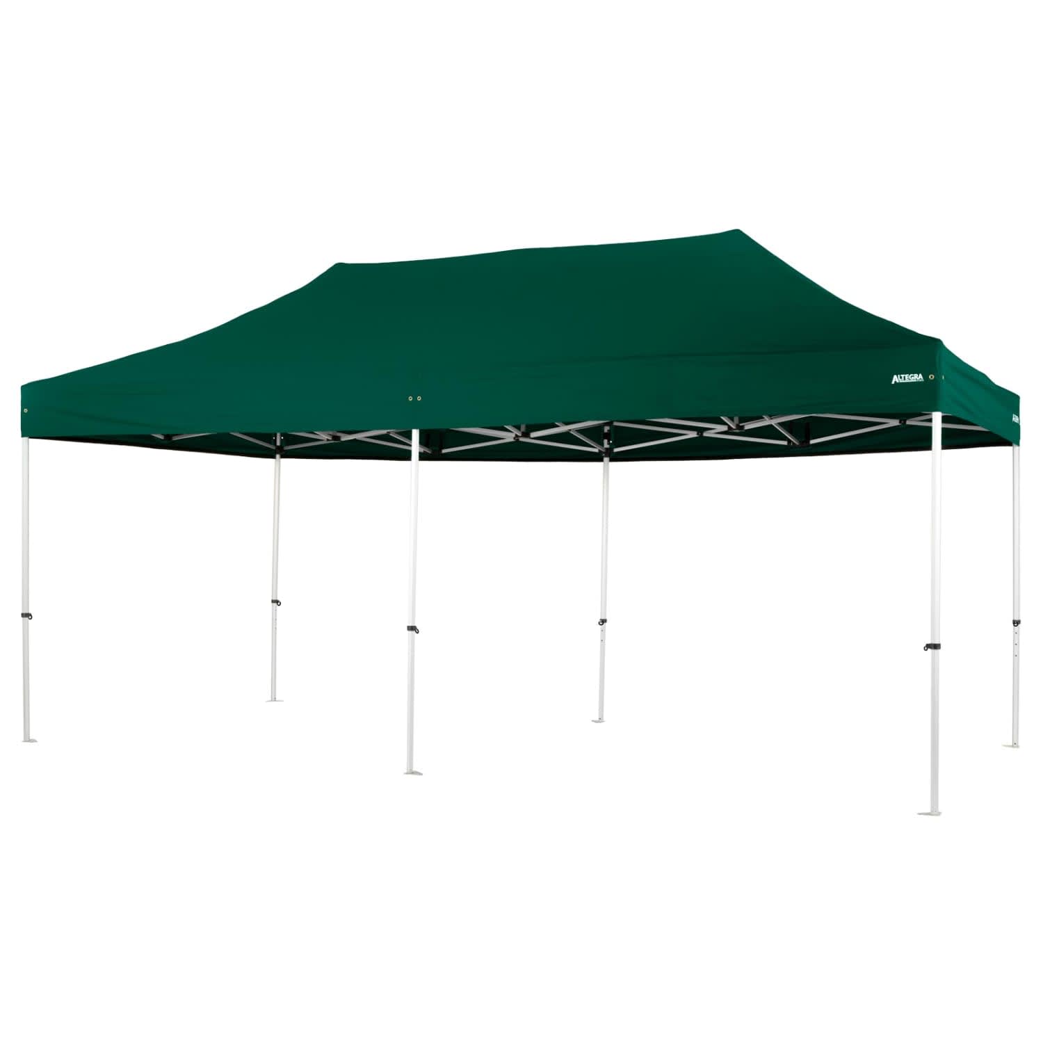 A green, lightweight folding marquee with a commercial aluminium frame and a spacious canopy design.