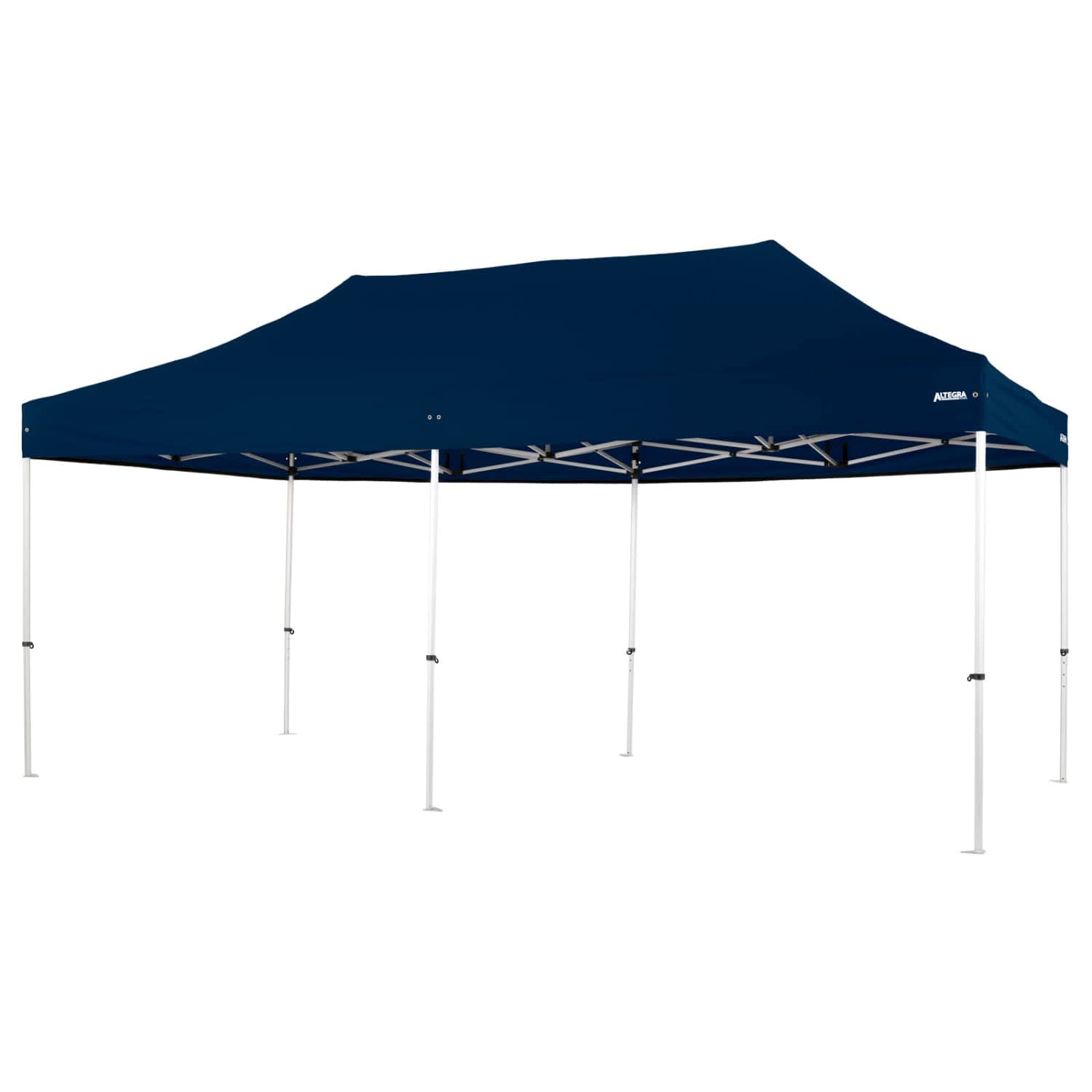 A 3x6m pro lite lightweight commercial aluminium folding marquee in navy blue with a white frame and logo branding.