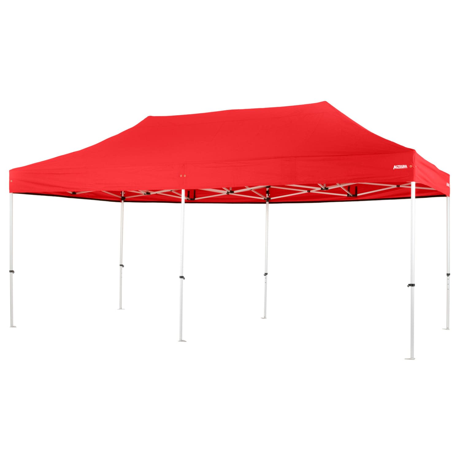A red 3x6m Pro Lite lightweight commercial aluminium folding marquee with a white frame. It has a logo on the side.