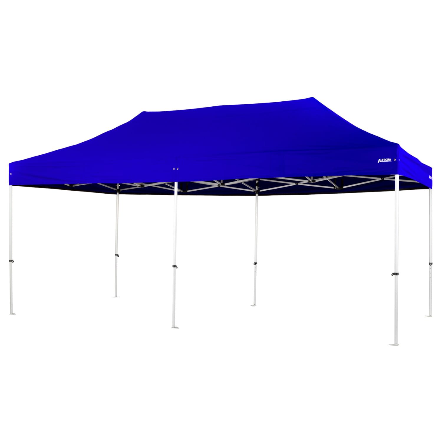 A blue lightweight commercial aluminium folding marquee with a white frame and adjustable legs.