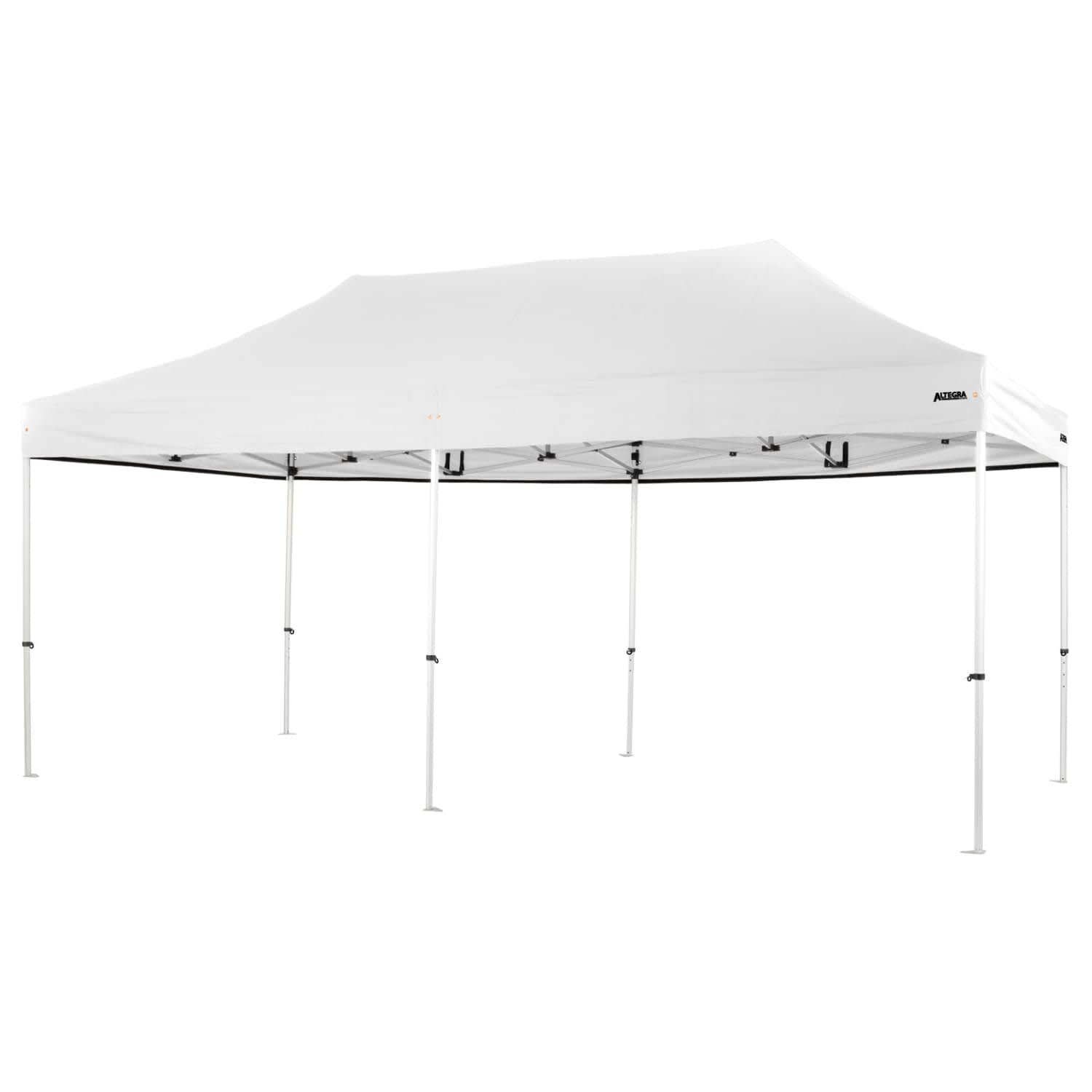 A white aluminium folding marquee with a peaked top and multiple support legs, set up for outdoor use.