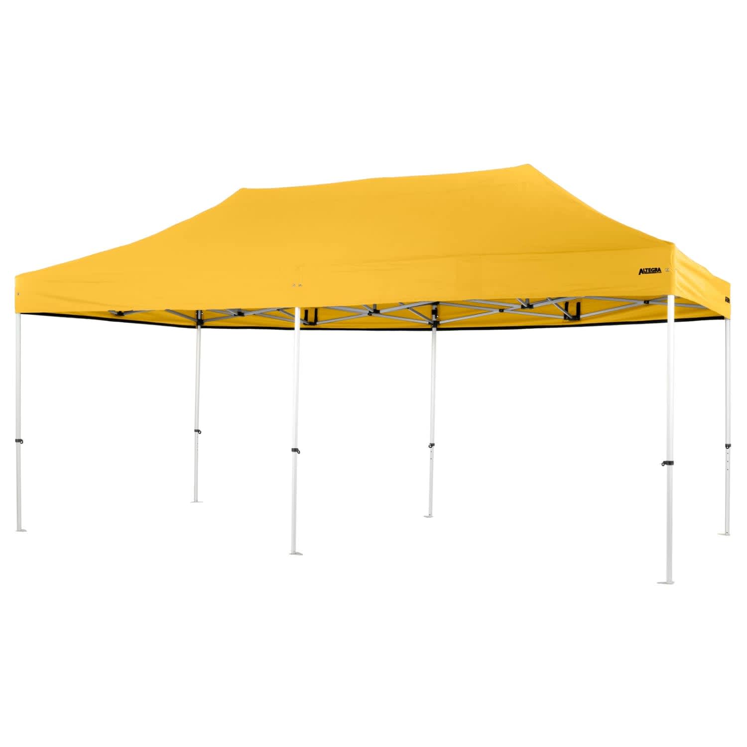 A yellow lightweight aluminium folding marquee with a sturdy frame, featuring a simple design and a branded logo.