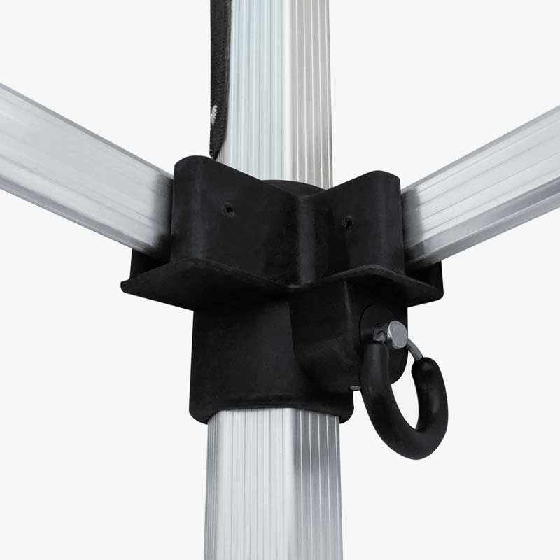 A black plastic connector piece attached to an aluminium pole with a metal hook.