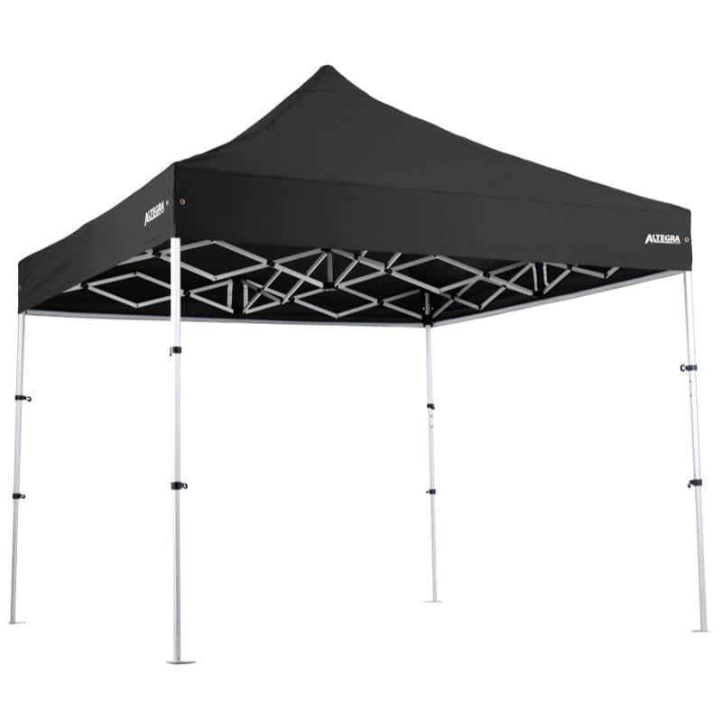 A black 3x3m lightweight aluminium gazebo with a peaked roof and a sturdy frame. Features a logo on one side.