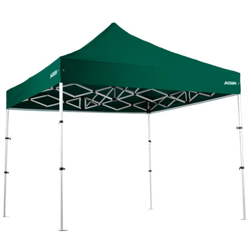 A green 3x3m Pro Lite "Compact" lightweight aluminium gazebo with a metallic frame and a logo.