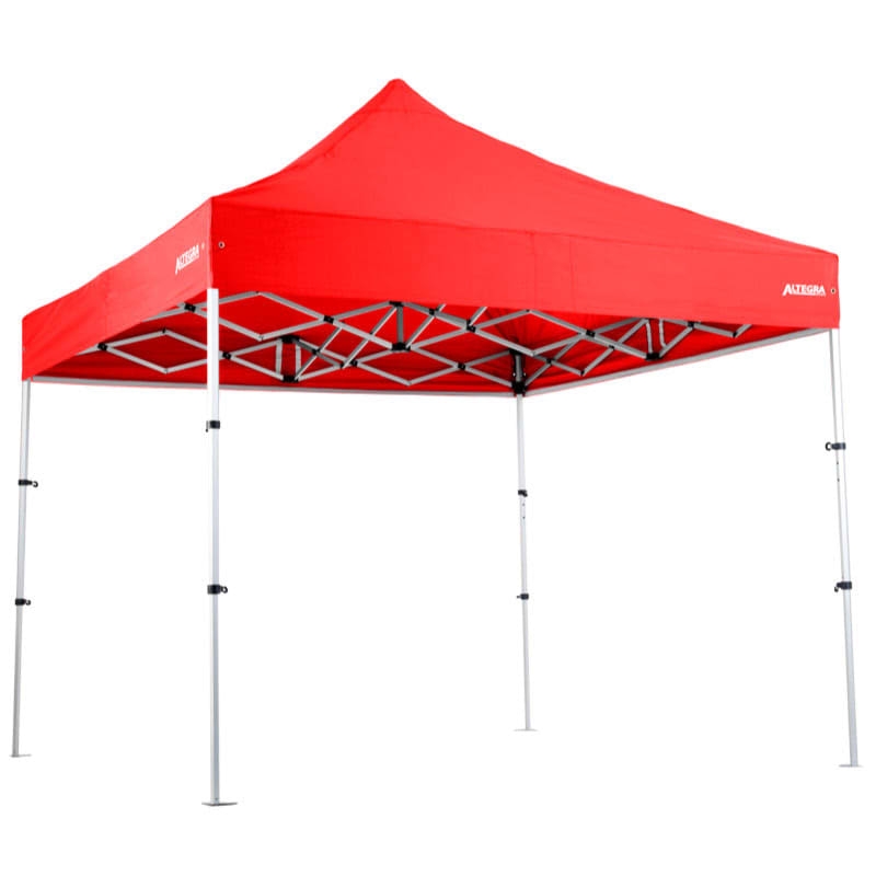 A red, compact, lightweight aluminium gazebo featuring a sturdy frame and a peaked roof design. It includes branding on the canopy.