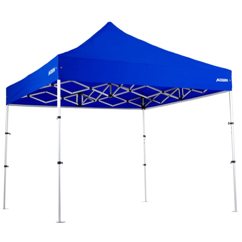 A lightweight aluminium gazebo with a blue canopy and white frame, featuring a logo on the top.