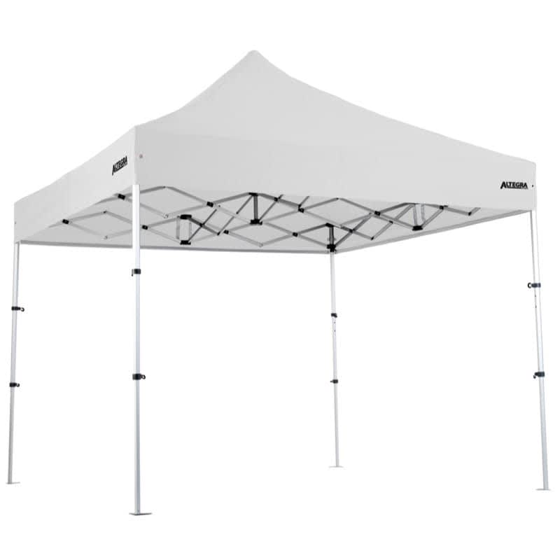 A lightweight aluminium gazebo with a white canopy, featuring a sturdy frame and adjustable legs.