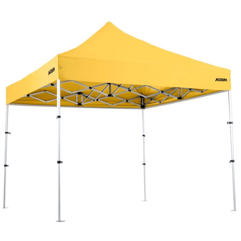 A yellow 3x3m lightweight aluminium gazebo with a sturdy frame and a branding logo.