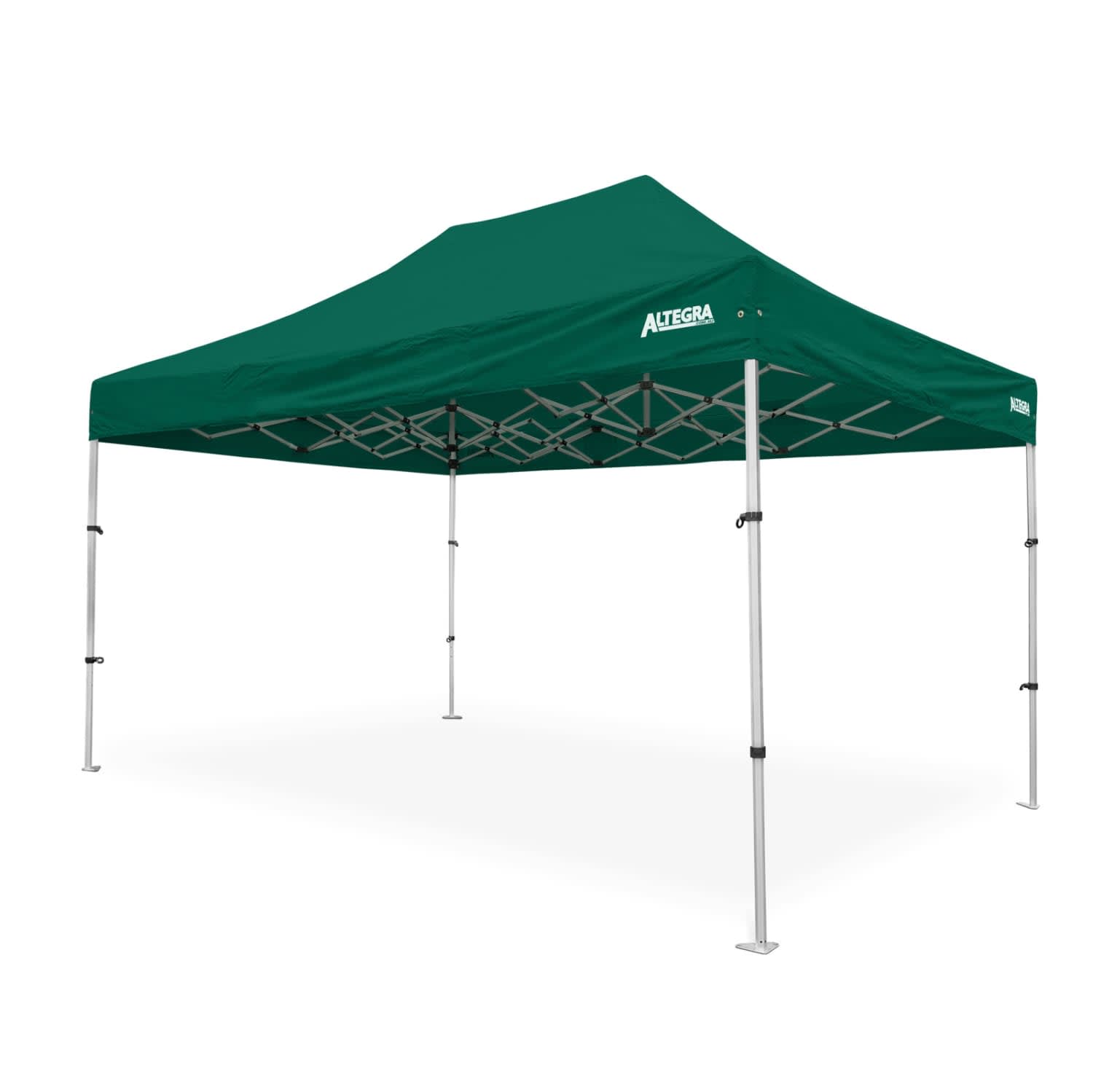 A green lightweight aluminium gazebo with a triangular roof and adjustable legs, featuring a logo on the top.