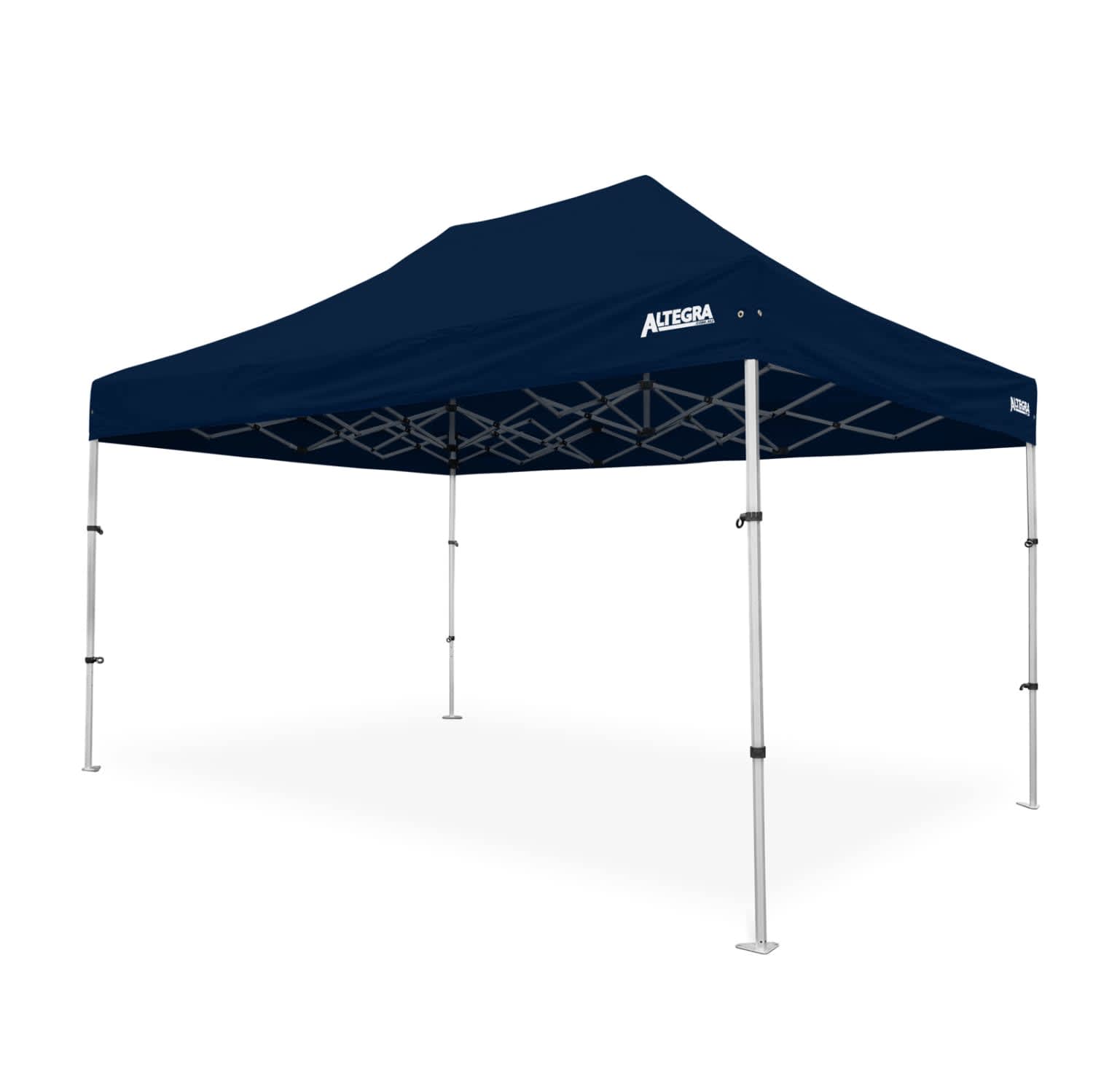 A lightweight aluminium gazebo in navy blue, featuring a sturdy frame and a branded top.