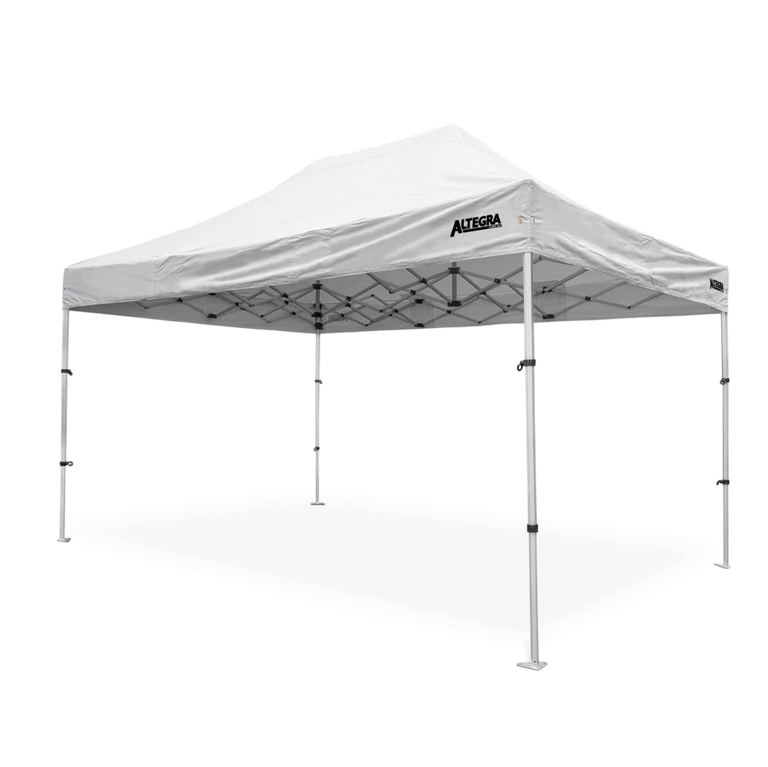 A lightweight aluminium gazebo with a white canopy and adjustable legs, featuring a logo on one side.