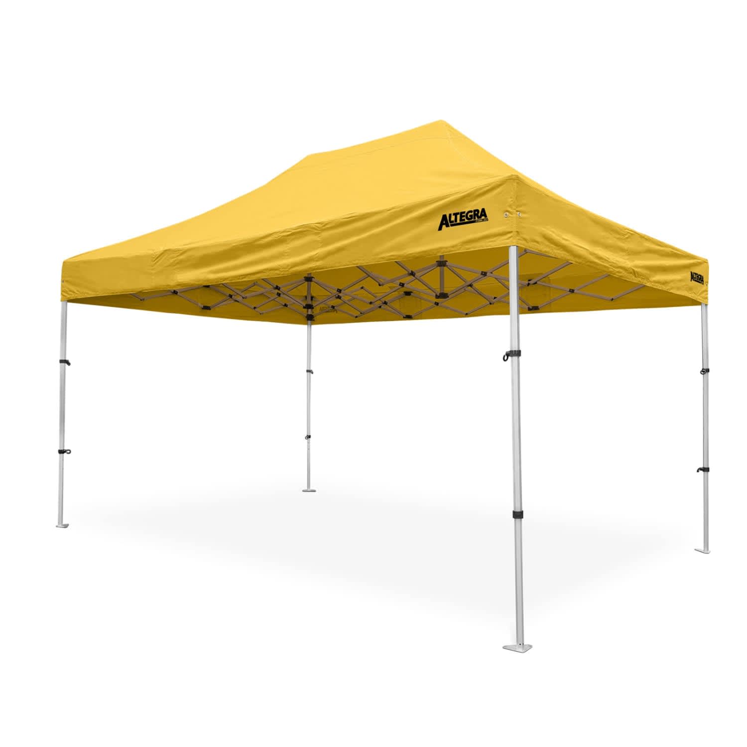 A lightweight aluminium gazebo featuring a yellow canopy and a sturdy frame. It has a logo on the side.
