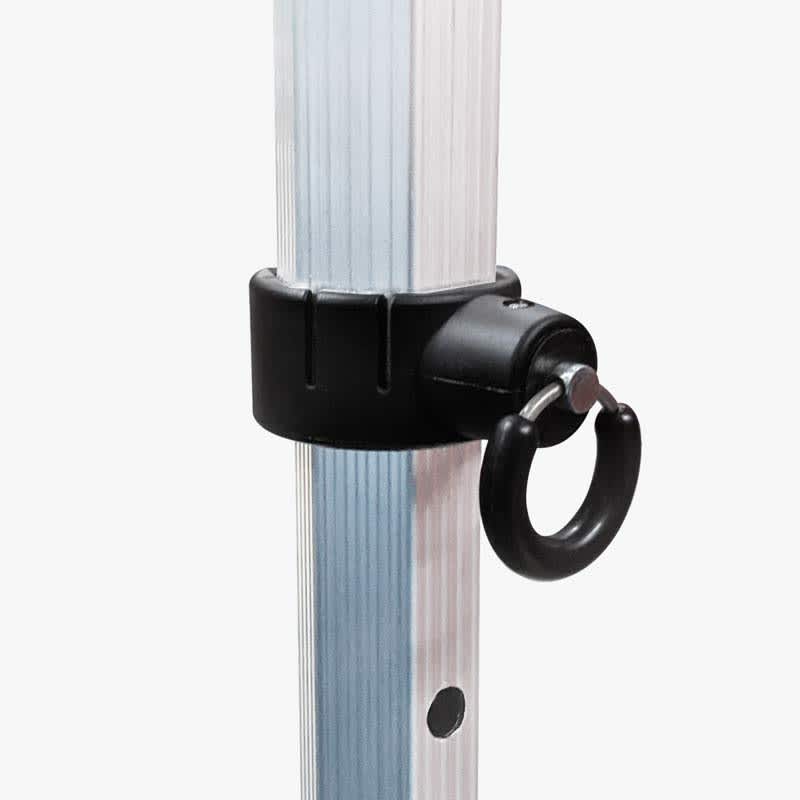 A black ring attached to a silver aluminium pole, part of a lightweight commercial gazebo structure.