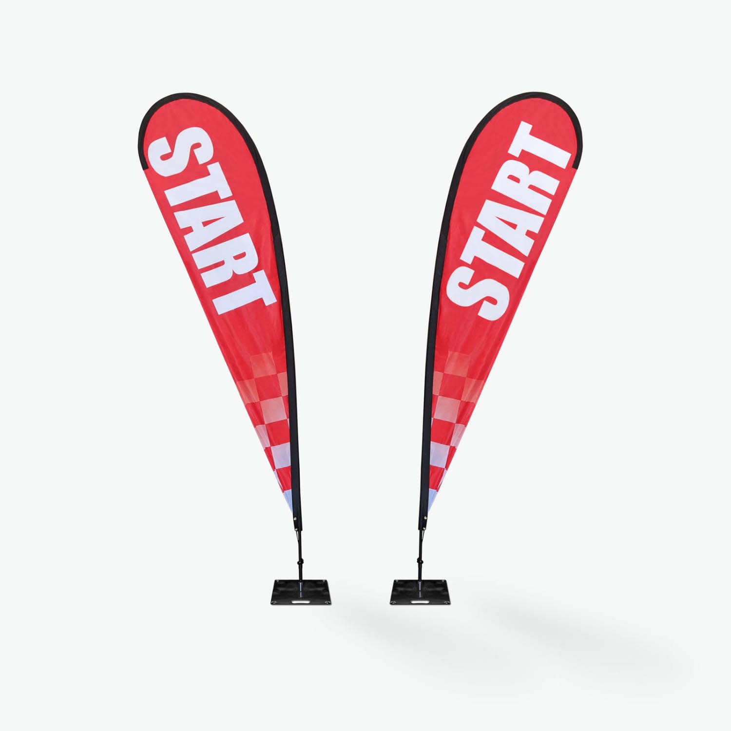 Red teardrop banners with 'START' printed on them, featuring a black stand for stability.