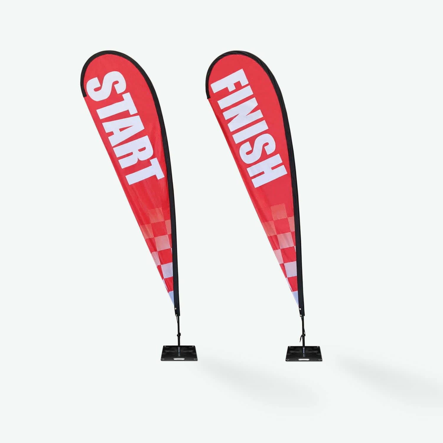 A red teardrop banner flag set featuring "Start" and "Finish" text, supported by black bases.