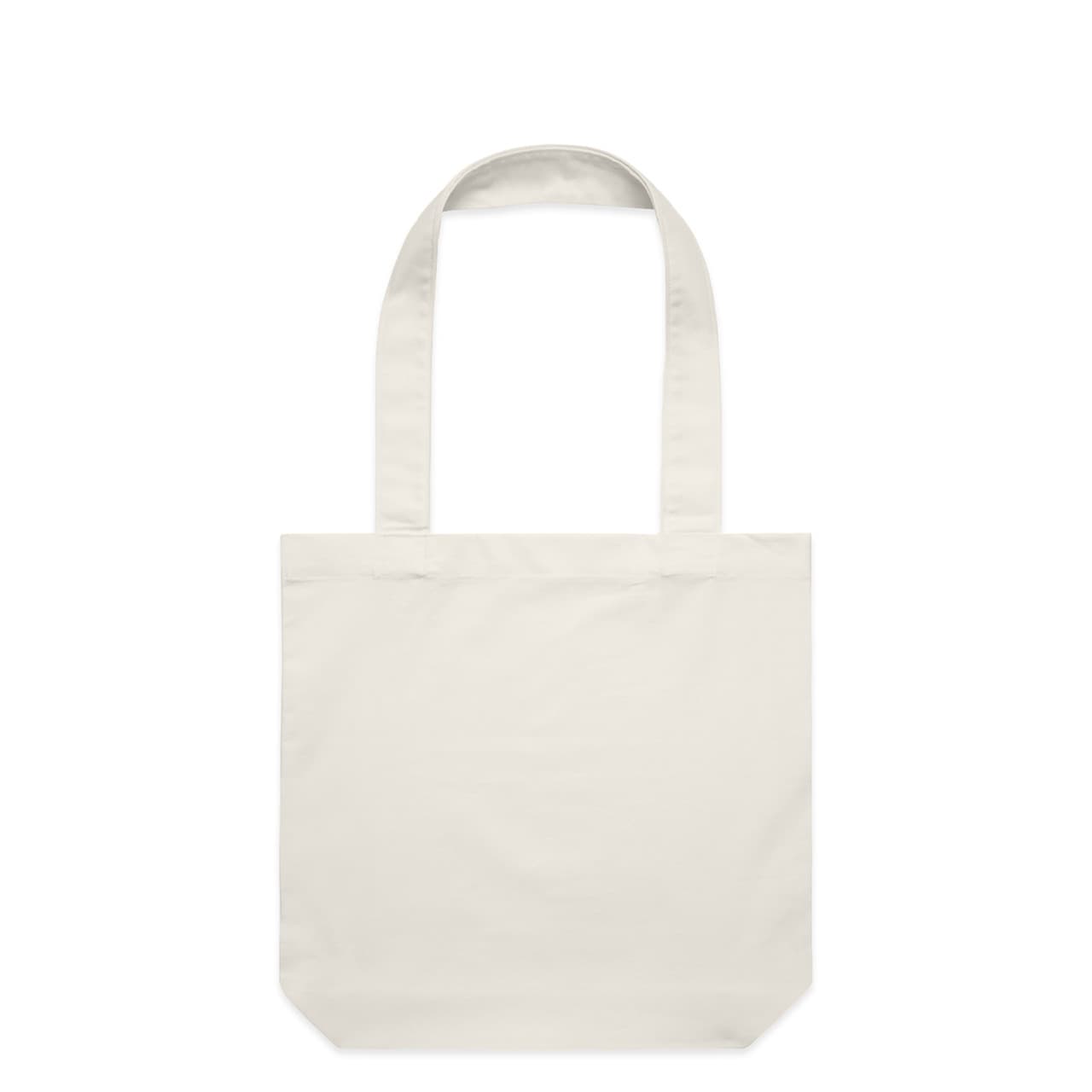 A light cream tote bag with two handles and a simple design. It features a logo on one side.