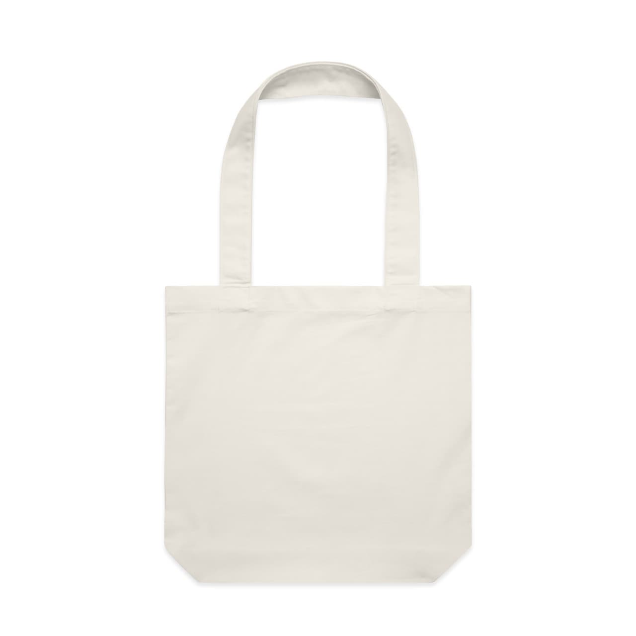 A neutral-coloured tote bag with two long handles, featuring a minimalist design and a logo on the front.