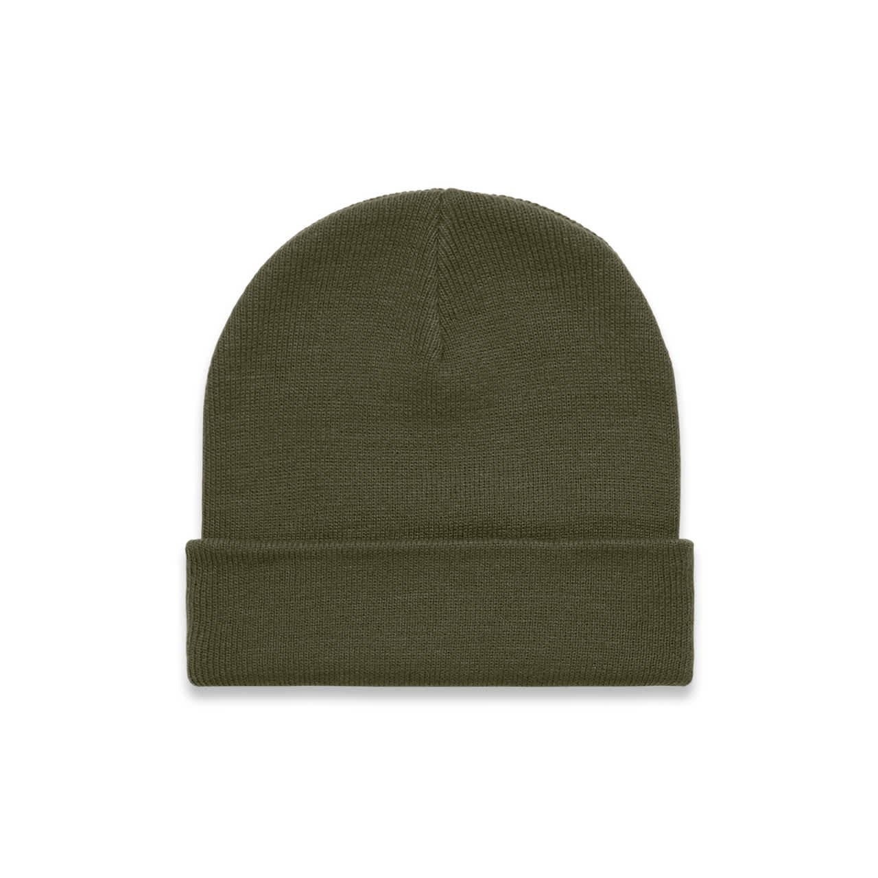 Cuff Beanie AS-1107 An olive green cuff beanie with a textured knit design and a folded brim, featuring a logo on the side.