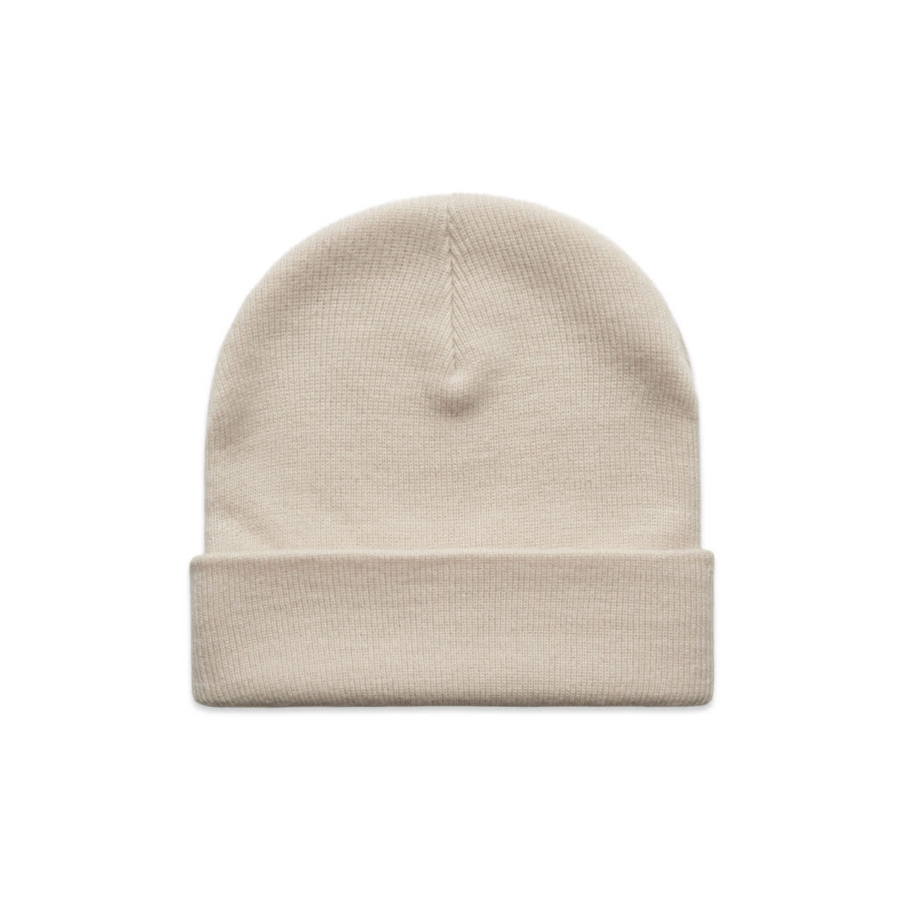 Cuff Beanie AS-1107 A cream-coloured cuff beanie with a simple, rolled cuff design and a logo.