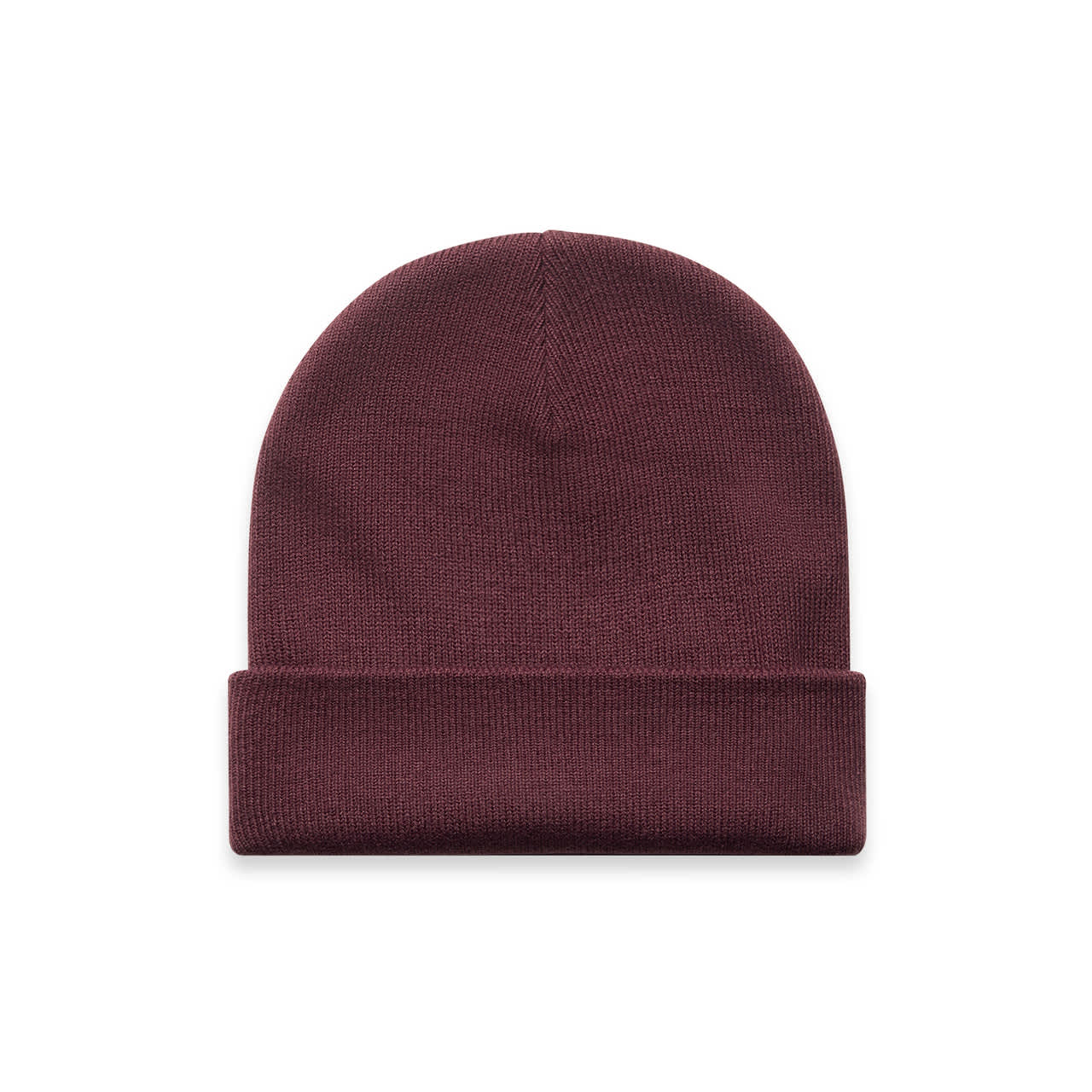 Cuff Beanie AS-1107 A maroon cuff beanie with a rolled hem. It features a simple design and a logo on the side.