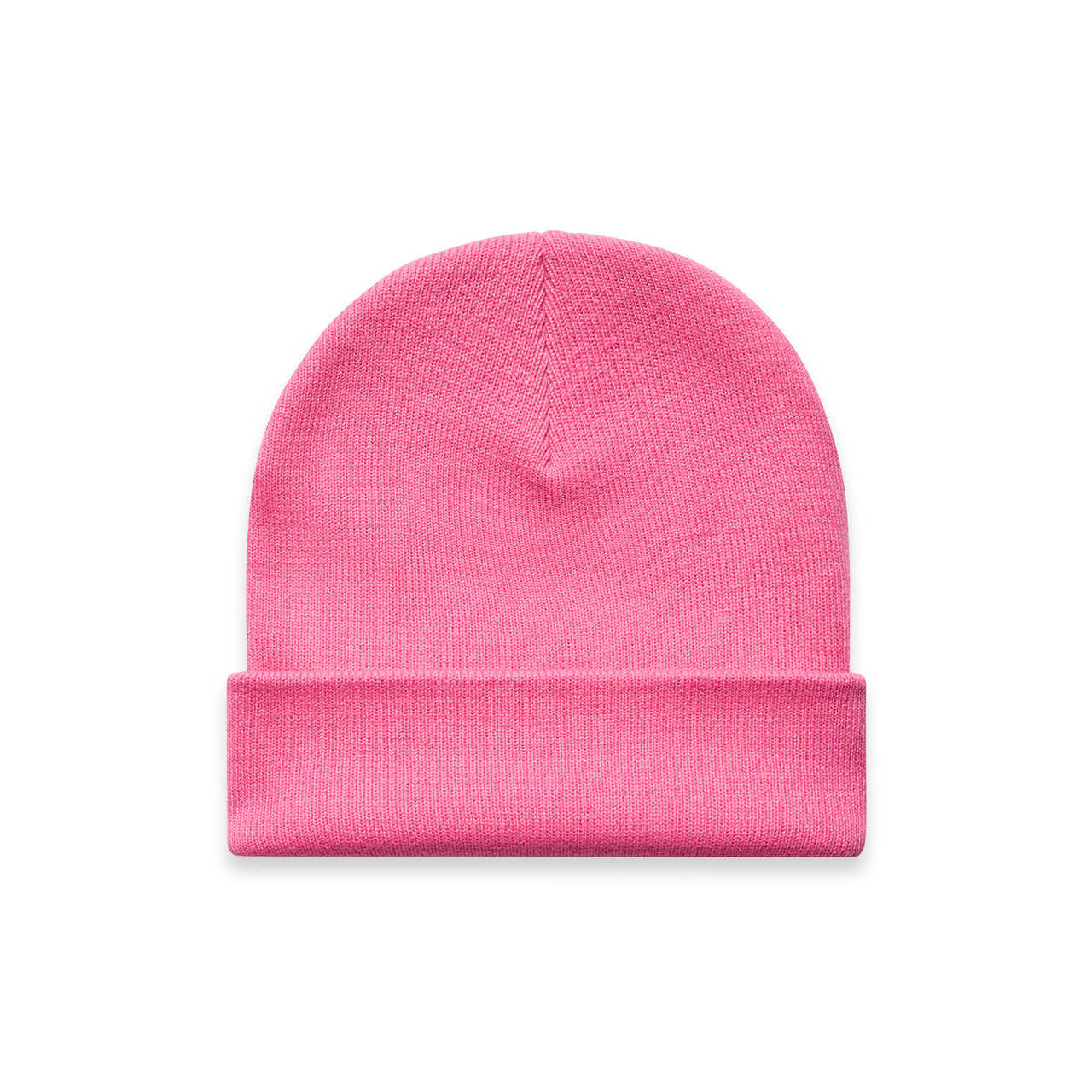 Cuff Beanie AS-1107 A pink cuff beanie with a knitted texture and a folded brim, featuring a branding logo.