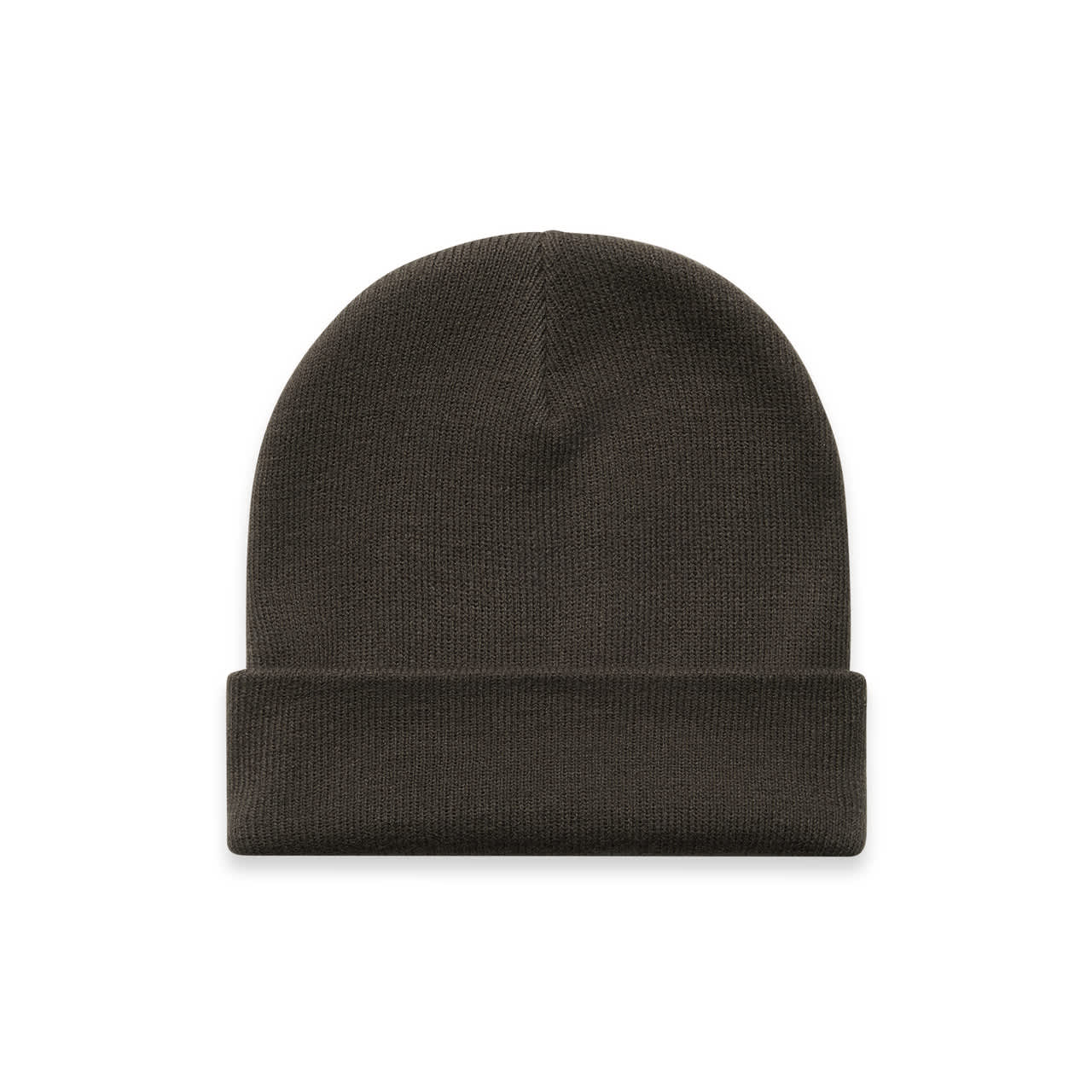 Cuff Beanie AS-1107 A dark brown cuff beanie with a ribbed texture and a folded brim. It features a logo.