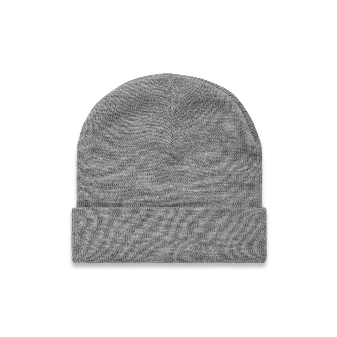 Cuff Beanie AS-1107 A grey cuff beanie featuring a simple knit design and a fold-over band. It includes a branding logo.