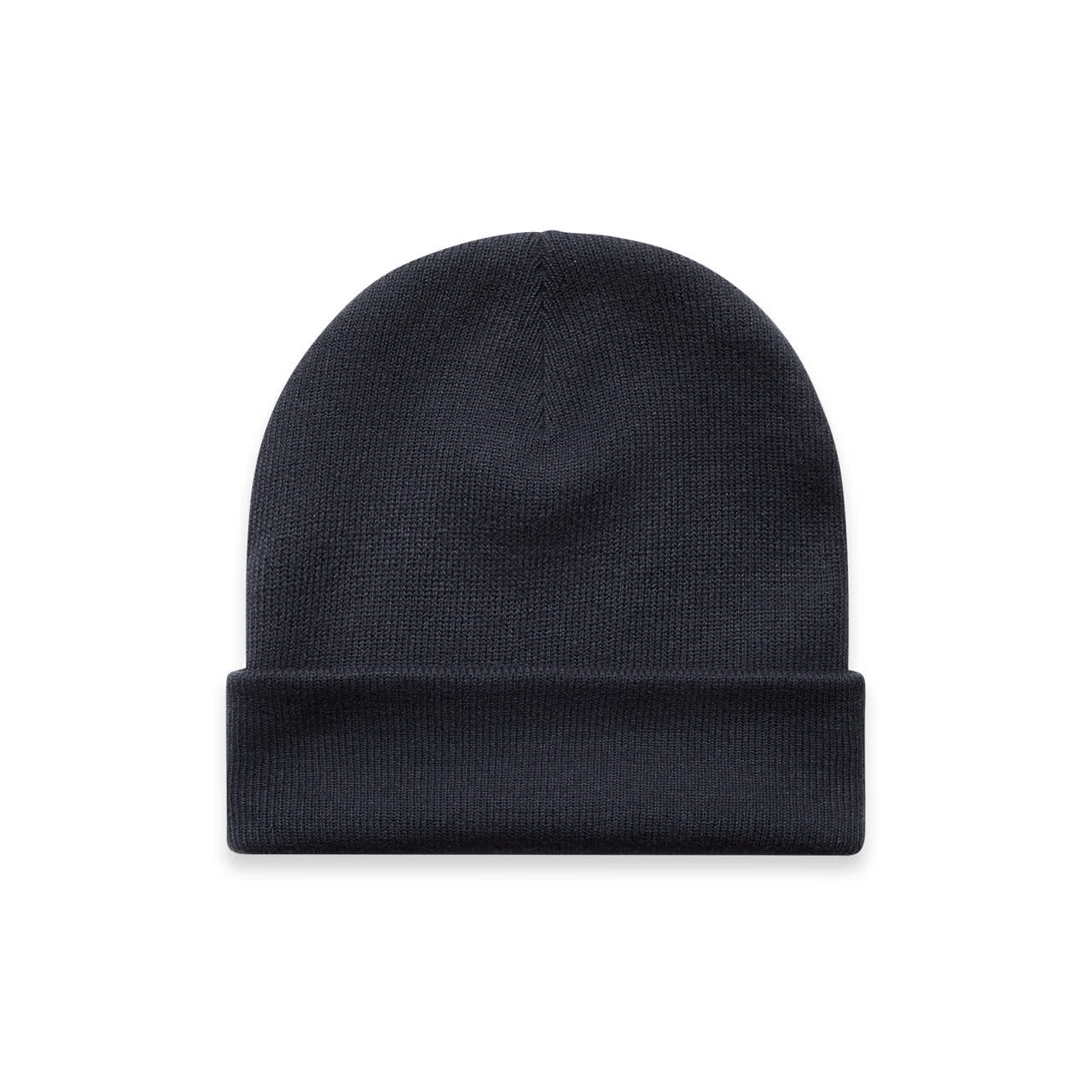 Cuff Beanie AS-1107 A dark navy cuff beanie featuring a simple, knitted design and a fold-over cuff. It includes a branding logo.