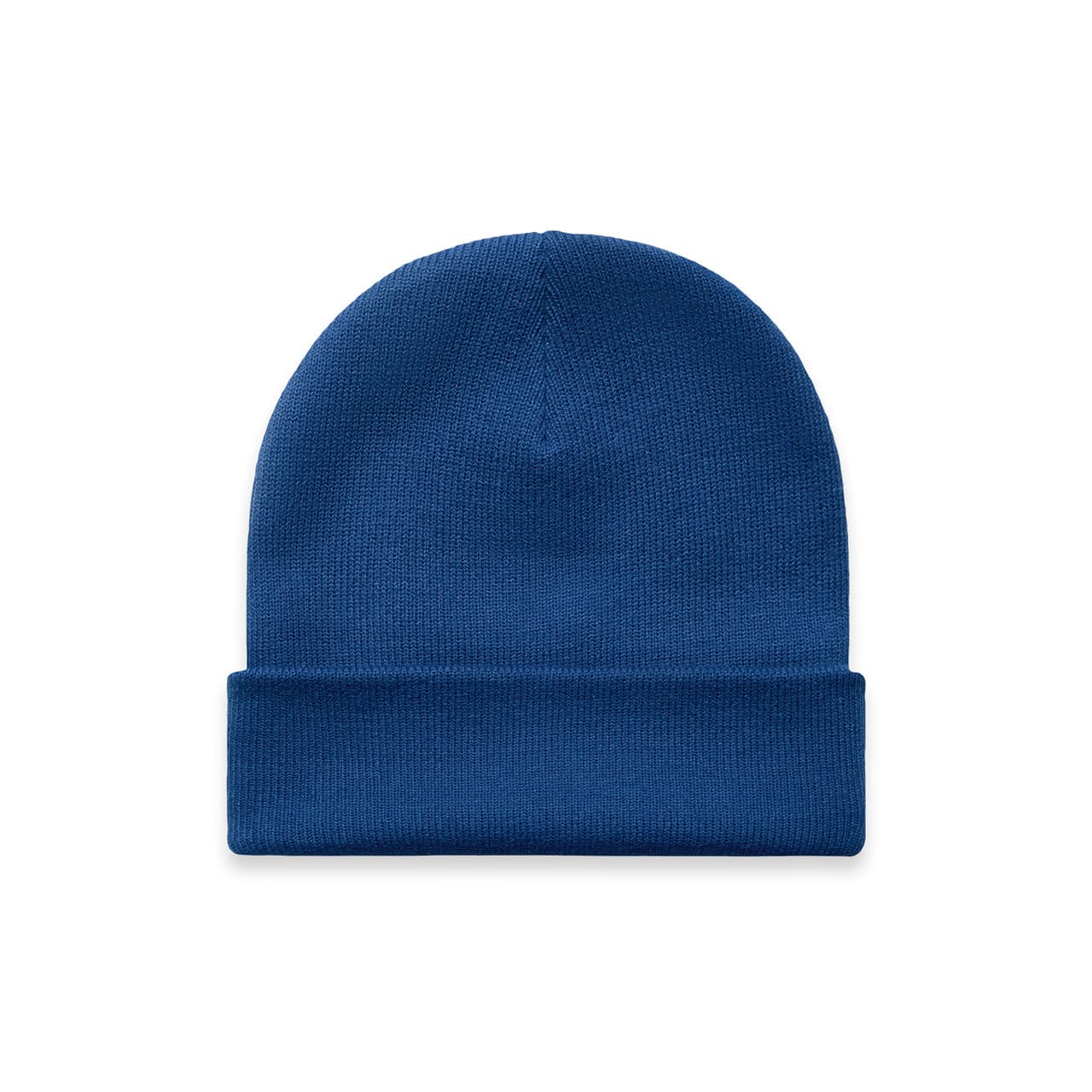 Cuff Beanie AS-1107 A blue cuff beanie with a ribbed texture and a folded brim. The beanie features a logo.