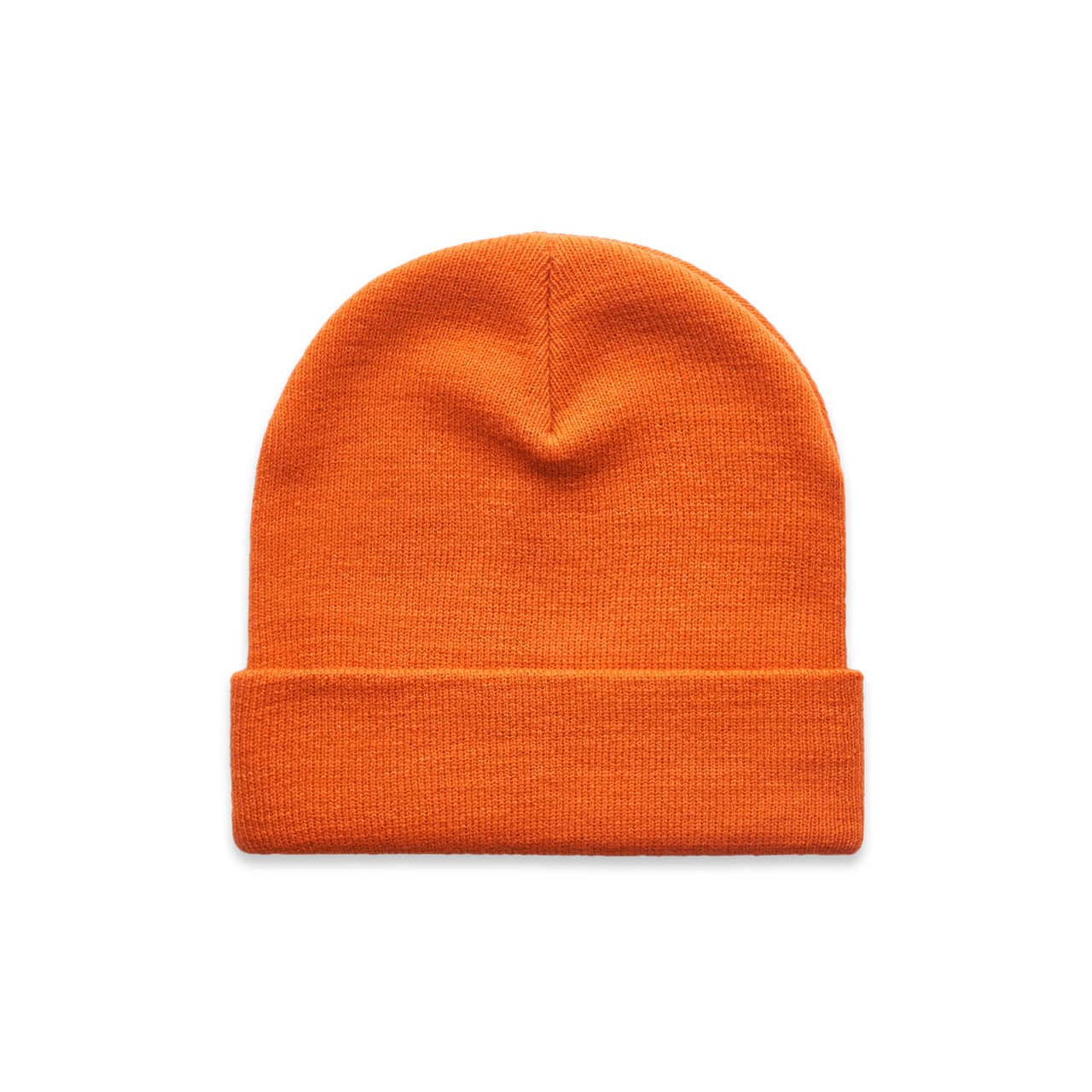 Cuff Beanie AS-1107 An orange cuff beanie with a smooth texture and a folded hem, featuring a branding logo.