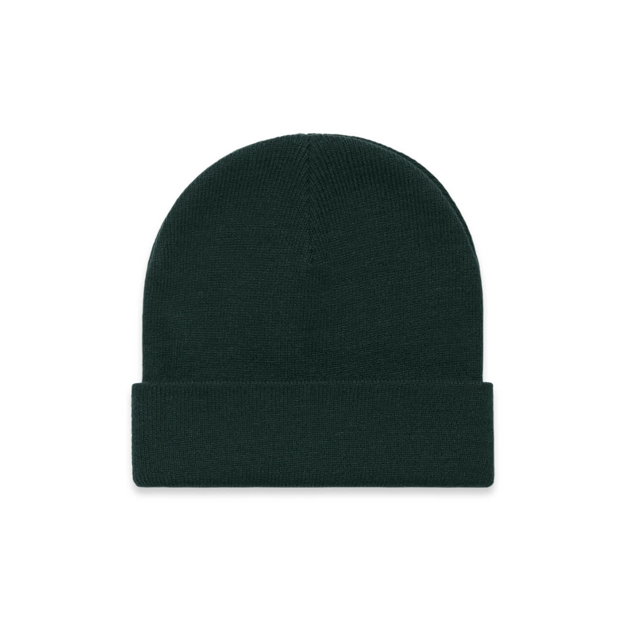 Cuff Beanie AS-1107 A dark green cuff beanie featuring a fold at the bottom and a textured knit design. It has a logo.