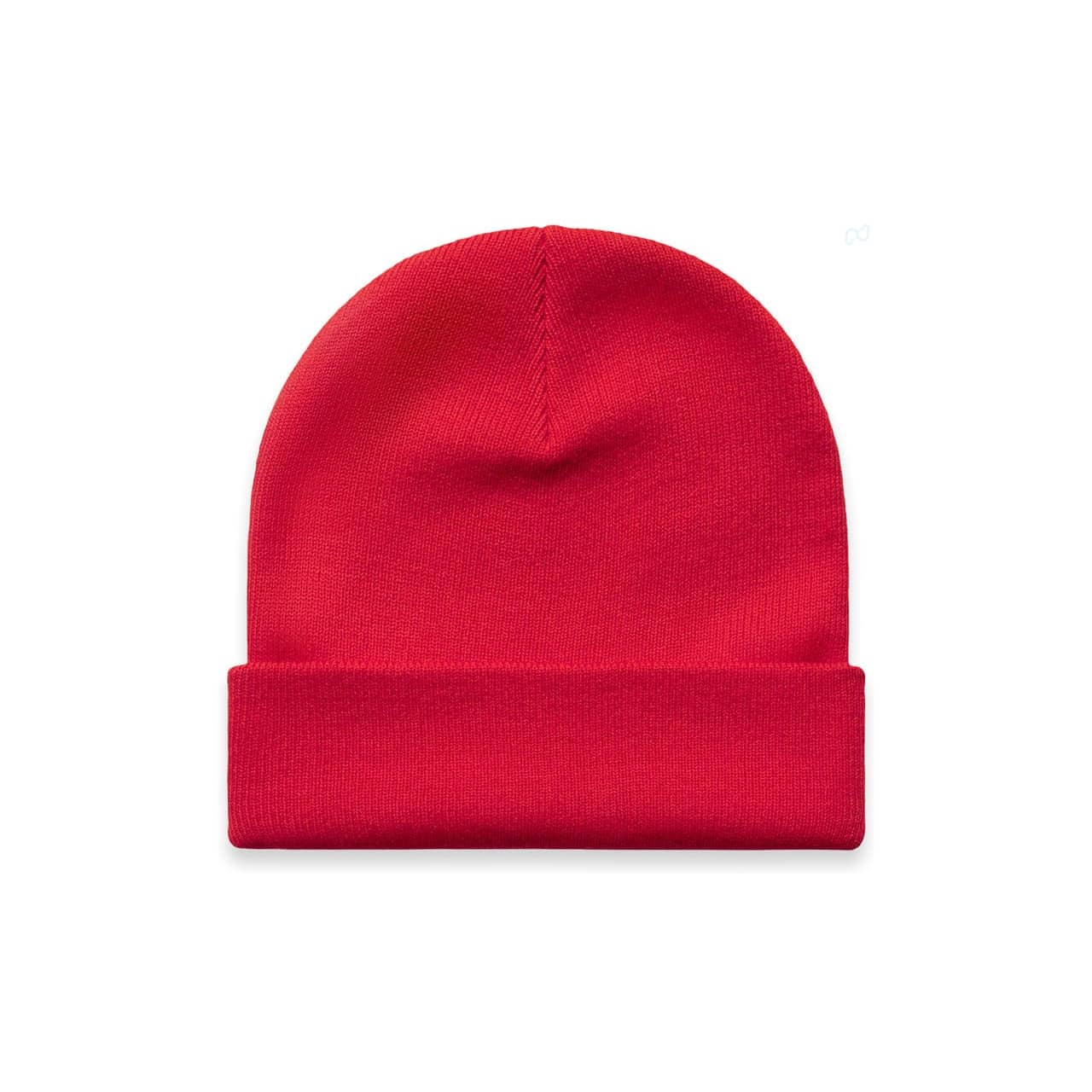Cuff Beanie AS-1107 A red cuff beanie with a folded edge, featuring a logo on the front.