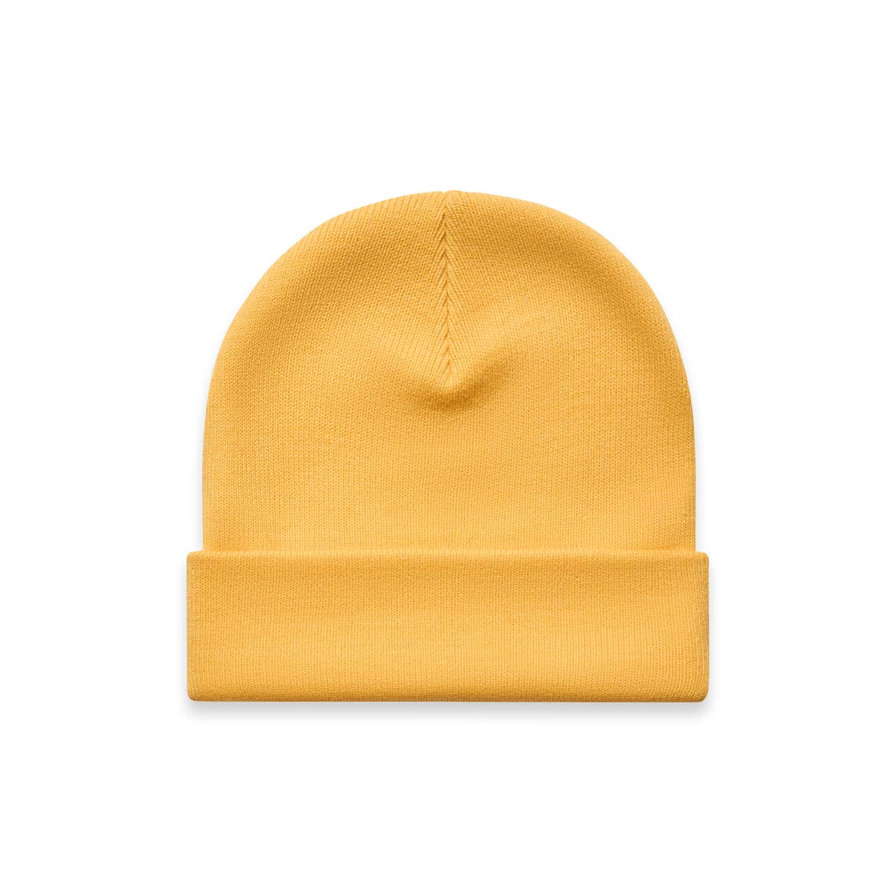 Cuff Beanie AS-1107 A yellow cuff beanie with a folded brim and textured knit design, featuring a small logo.