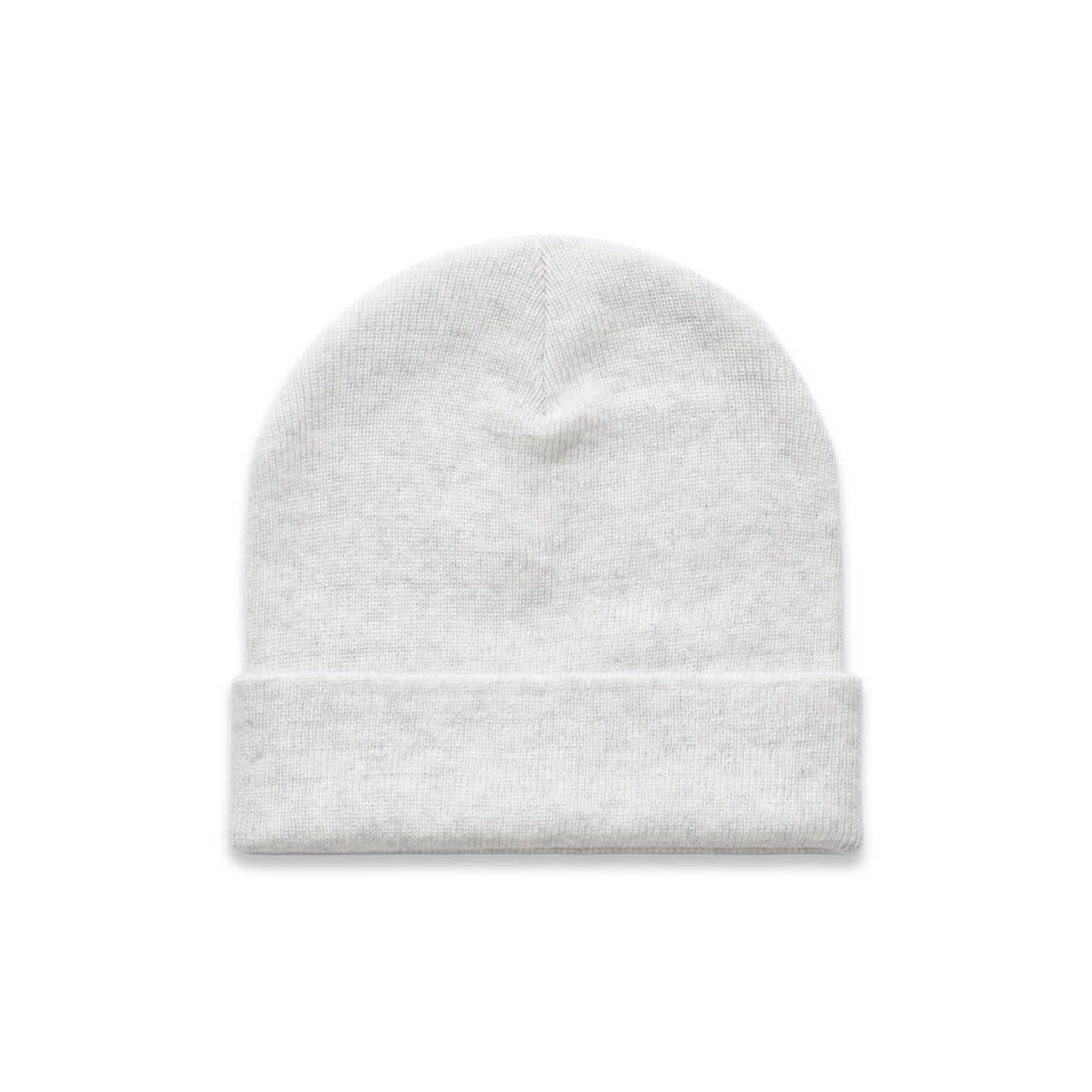 Cuff Beanie AS-1107 A white cuff beanie with a fold-over edge, featuring a logo. Suitable for casual headwear.