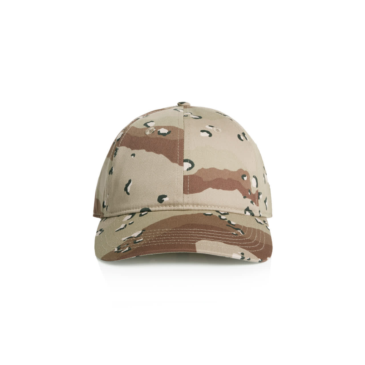 Access Camo Cap AS-1130C A beige camo cap with a patterned design featuring shades of brown and green. It has a logo on the front.