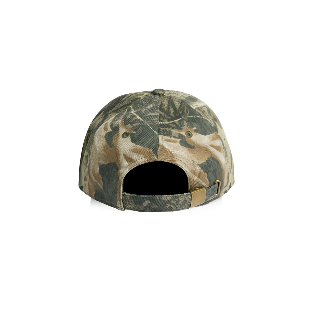 Access Camo Cap AS-1130C A camo cap featuring a blend of greens and browns, with a brass fastening at the back and a logo.